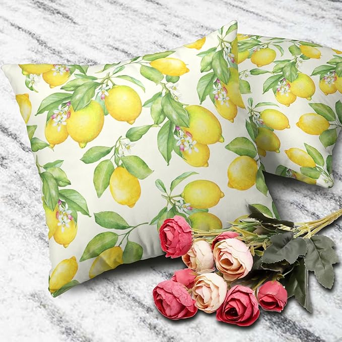 Lemon Pillowcase 22 X 22 Set of 2 Summer Farmhouse Decorative Throw Pillow Cover Watercolor Lemon Leaves Cushion Cover Yellow and Green Home Decor Print Pillow Covers for Sofa Couch