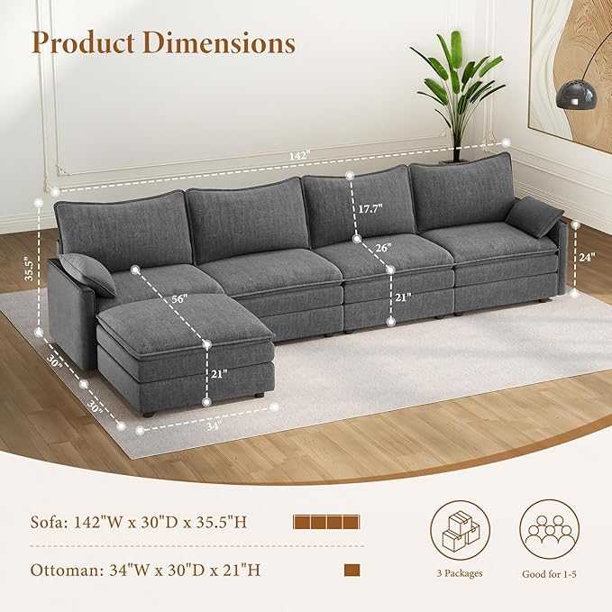 Vesgantti 142" Cloud Couch Sectional Modular Sofa, Comfy Sectional Couch with Ottoman Deep Seat Chenille L Shaped Sofa, Modular Couches for Living Room, Bedroom and Apartment, Gray | Sink-in Comfort, Height Adjustable, Easy Rearrangement, Extra-deep Ot...