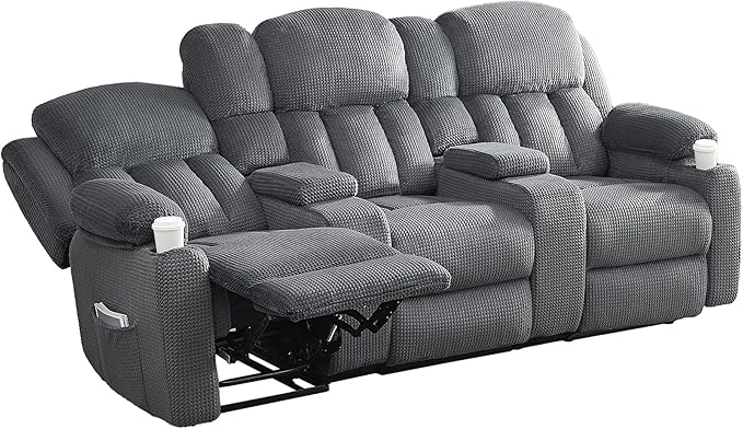 Jocisland Manual Recliner Couch, 3 Seater Reclining with Dual Console& Charging Socket, Reclining Sofa- Comfy Recliner with Cup Holders for Living Room(Grey)