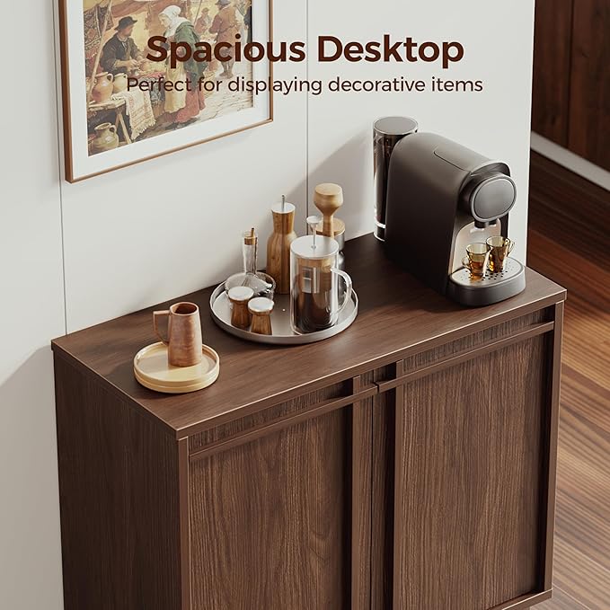 Sideboard Buffet Cabinet with Storage, 2 Doors, Adjustable Shelves, Wooden Mid Century Coffee Bar Cabinet for Entryway, Living Room, Kitchen, Walnut