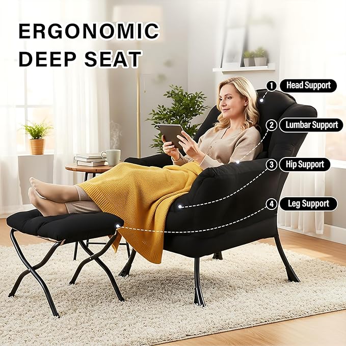 Lazy Chair with Ottoman, Comfy Fabric Accent Lounge Arm Chair with Lumbar Pillow and Folding Footrest, Reading Leisure Sofa Chair for Bedroom, Living Room, Dorm,Black
