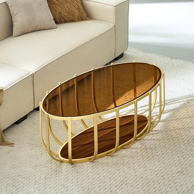 Saint Mossi Glass Oavl Coffee Table for Living Room, Modern 2-Tier Gold Center Table, Brown Glass Top and Walnut Shelf with Gold Finish Legs & Frame