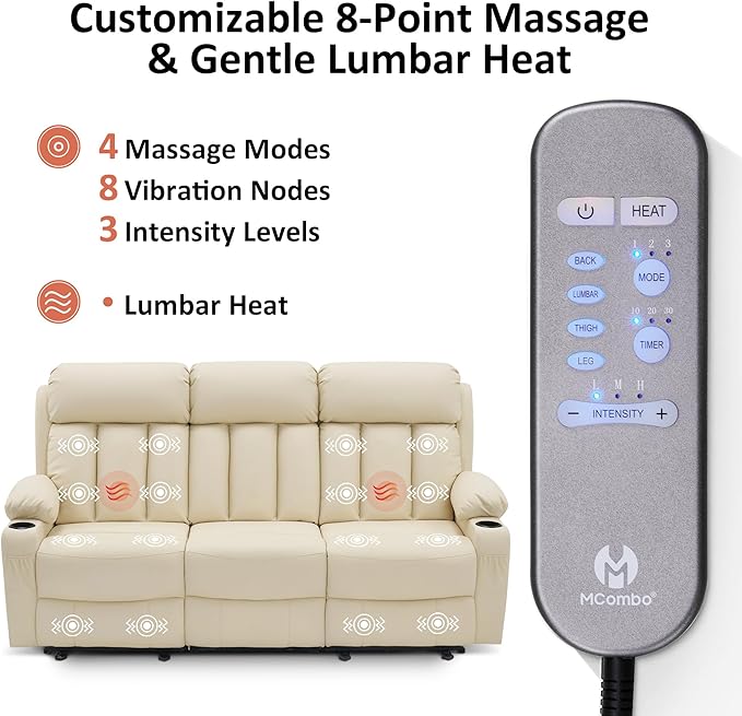 MCombo Power Reclining Sofa with Heat and Vibration,USB Ports, Cup Holders,3-Seat Dual Recliner Sofa for Living Room 6077 (Cream White, 3 Seater)