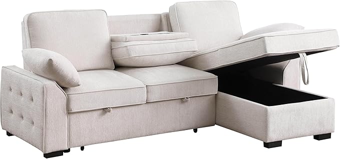 ERYE L-Shaped Pull Out Sleeper Couch Bed, Modern Chenille Upholstered Button Tufted Corner Couch Reversible Sectional Sleeper Sofa Bed W/Storage Chaise, Cup Holders