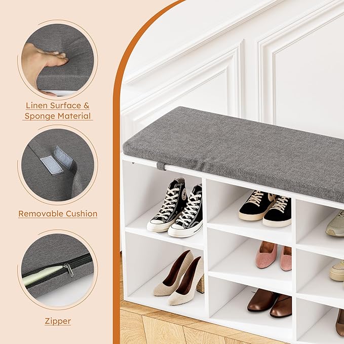 Shoe Bench, Storage Bench with Padded Seat, 10 Cubbies Storage Entryway Bench, for Living Room, Bedroom, Hallway,White