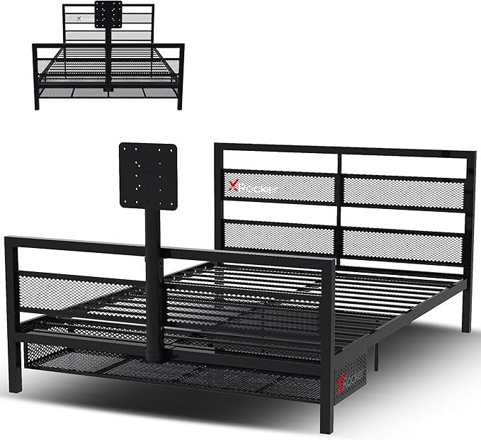 X Rocker Basecamp Full Size Gaming Bed, Rotating TV Mount with Vented Console Storage, Metal Mesh Frame with Slats, Amazon Exclusive, Black