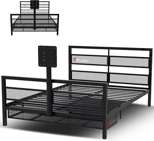 X Rocker Basecamp Full Size Gaming Bed, Rotating TV Mount with Vented Console Storage, Metal Mesh Frame with Slats, Amazon Exclusive, Black