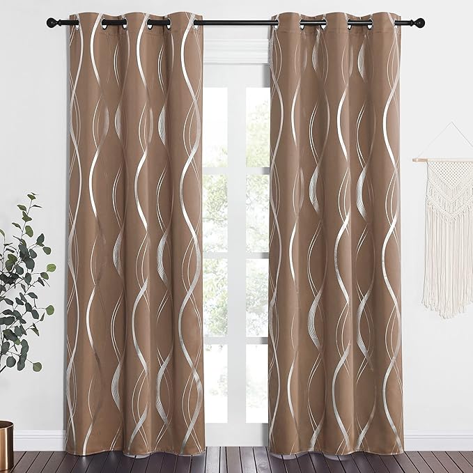 NICETOWN Blackout Curtains Panels for Living Room, Sound Reducing Thermal Insulated Wave Line Foil Print Design Blackout Curtains for Patio Sliding Glass Door (2 Panels, 42 x 84 Inch, Cappuccino)
