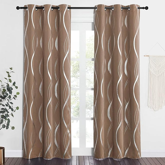 NICETOWN Blackout Curtains Panels for Living Room, Sound Reducing Thermal Insulated Wave Line Foil Print Design Blackout Curtains for Patio Sliding Glass Door (2 Panels, 42 x 84 Inch, Cappuccino)