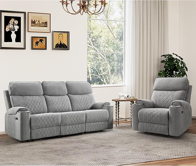 HAOMARKETS 2-Piece Electric Recliner Sofa Set with Charging Port, Include Single Power Reclining Chair and 3-Seater Reclining Sofa for Living Room, Light Grey