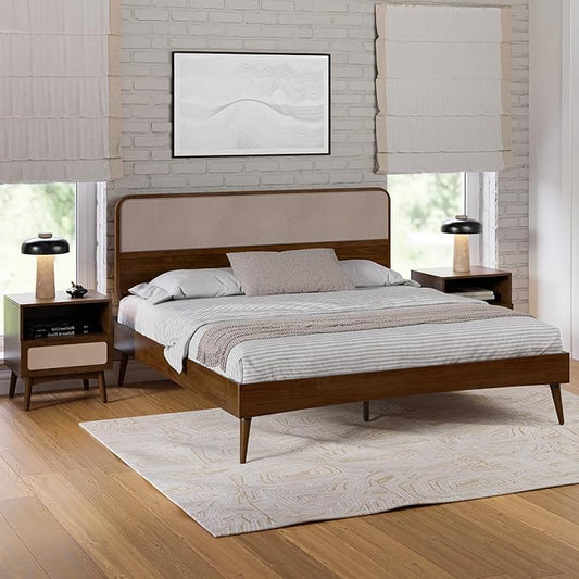 Bme Solid Wood Calista King Bed Frame – Chestnut Finish Platform Bed with Upholstered Headboard, Mid-Century Modern Style with Sturdy Slats & Tapered Legs, No Box Spring Needed