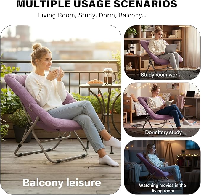 Tiita Comfy Folded Chair, Soft Faux Fur Oversized Folding Accent Chair, Lazy Chair for Teens Adults, Metal Frame Moon Chair for Bedroom, Living Room, Dorm Rooms