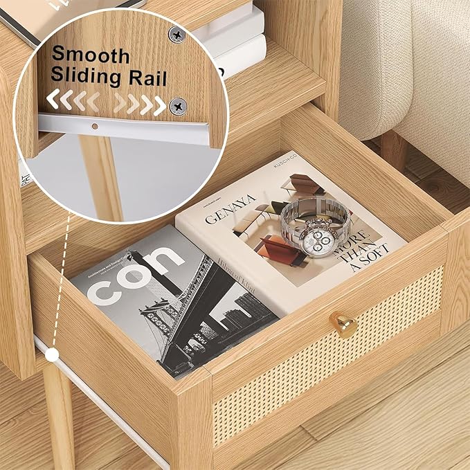 Night Stand Set 2, Nightstands Set of 2 with Charging Station, Rattan Side Tables with Solid Wood Legs, Boho Bedside End Table for Farmhouse Bedroom Dorm Small Space - Natural