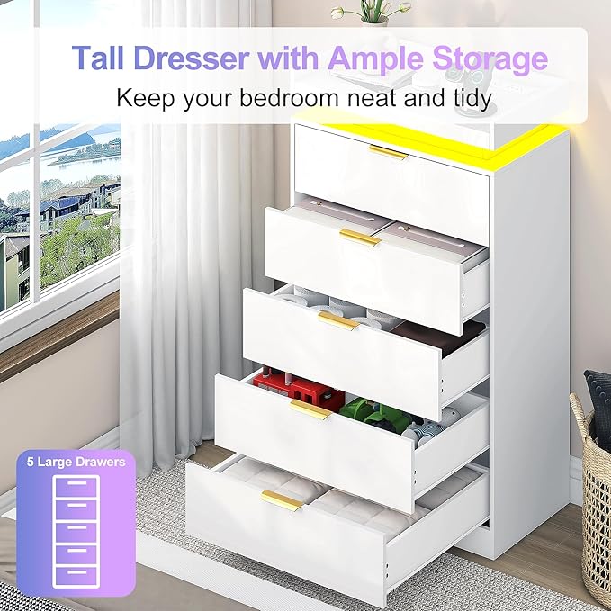 Tall Dresser for Bedroom, White Dresser with LED Lights, Wood 5 Drawer Chest with Power Outlet, Modern Chest of Drawers for Bedroom, Entryway, Hallway