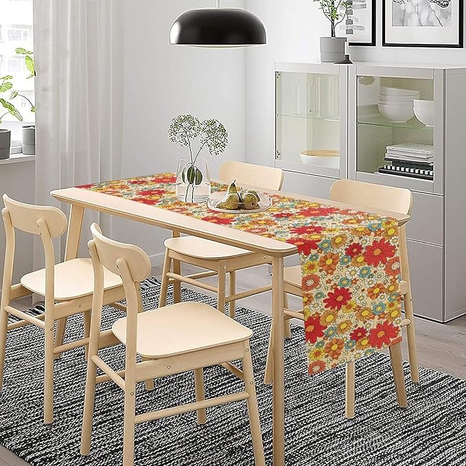 Hippie Floral Table Runner Groovy 1970s Vintage Colorful Rural Flower Retro Floral Printed Table Runner for Living Room Kitchen Dining Table Decoration 13x120in