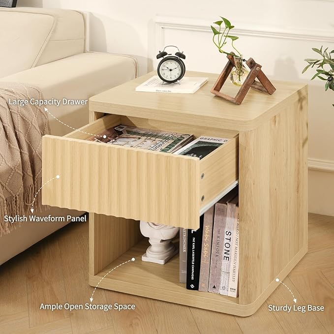 Night Stand Fluted Nightstand with Drawers, Wood Bedside Table with Storage Shelf, Bed Side Table for Bedroom, End Tables Living Room, Farmhouse Nightstands Night Stands, Sofa Side Tables