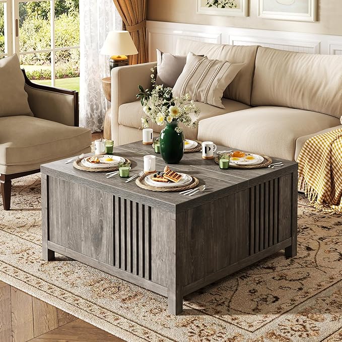 Farmhouse Lift Top Coffee Table with Storage, 35" Square Large Coffee Table with Hidden Compartment, Rustic Wood Center Table for Living Room, Grey Oak