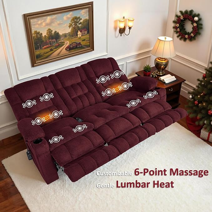 MCombo 80.7" W 3 Seater Power Reclining Sofa with Heat and Vibration Massage, Zero Gravity Recliner Sofa Couch for Living Room, Fabric 6316M3 (Burgundy, 3-Seater)