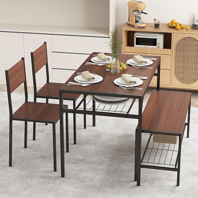 COSTWAY 4 Pieces Dining Table Set, Kitchen Table and 2 Chairs for 4 with Bench, Storage Racks, Metal Frame & Space-Saving Design, Industrial Kitchen Table Set for Small Space, Apartment (Walnut)
