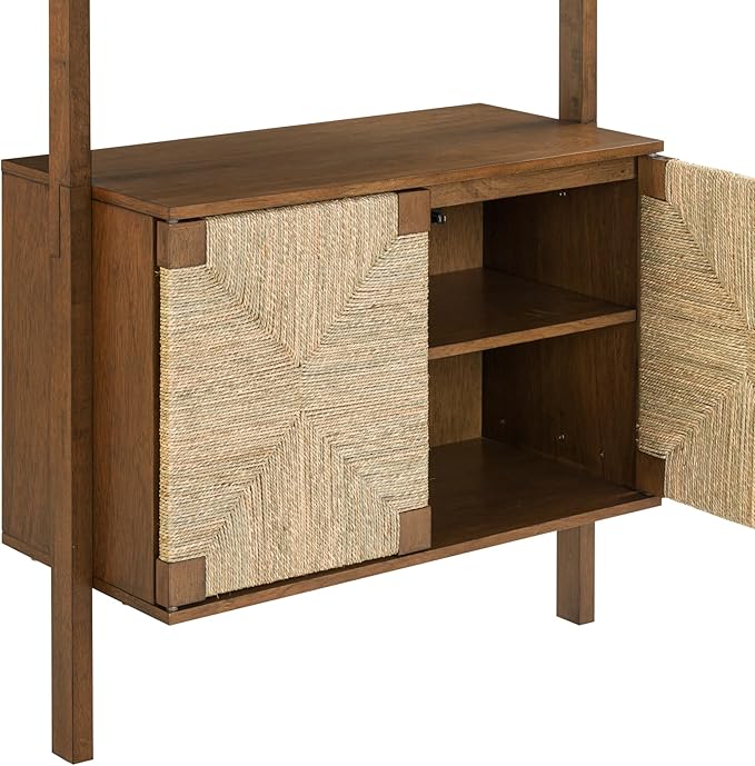 Nathan James Beacon Boho Seagrass Entertainment Center with Bookshelves and Storage Cabinet, Bookcase TV Stand Wall Unit, Fits TVs Up to 65 in. in Dark Brown Finish