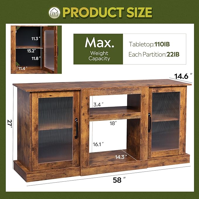 WLIVE Farmhouse TV Stand for 65 inch TV, 58" Entertainment Center with Storage Cabinets, Open Shelves TV Console for Living Room and Bedroom, Rustic Brown
