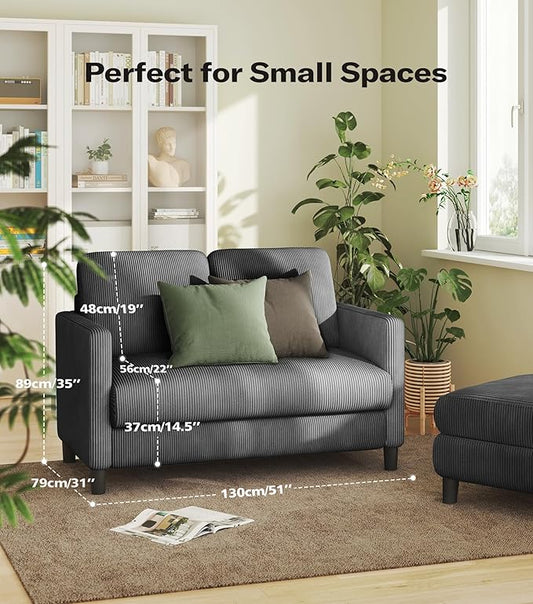Welzona Loveseat Sofa, 51" Love Seat, Comfy Corduroy Small Loveseat for Small Spaces, Tool-Free Setup Couch for Bedroom, All-Wood Couches for Living Room, No Pillow Included, Grey