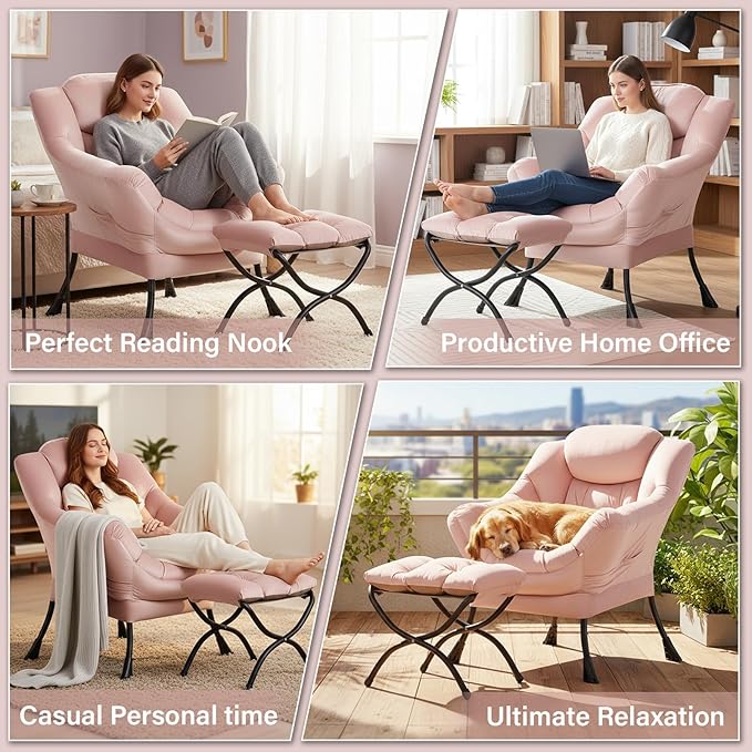 Lazy Chair and Ottoman, Large Accent Pink Velvet Chair with Side Pocket, Modern Leisure Upholstered Sofa Reading Armchair with Footrest for Office, Bedroom, Living Room, Dorm, Balcony