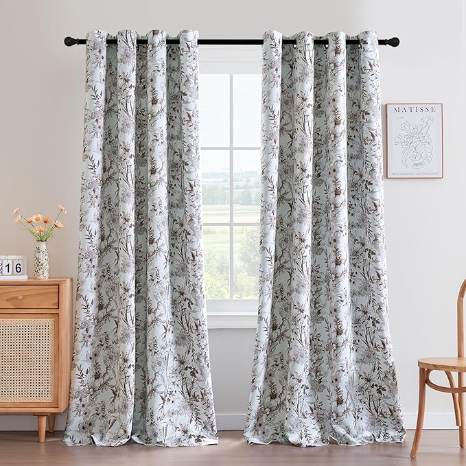 H.VERSAILTEX Blackout Curtains 96 Inch Length 2 Panels Set Floral Print Curtain Drapes for Living Room Thermal Insulated Grommet Window Curtains for Bedroom - French Jouy Flora in Macchiato