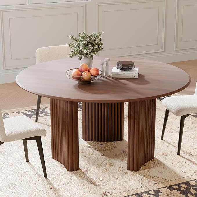 Casaphoria 60" Round Dining Table for 4-6, Farmhouse Style Table with Stripes Base, Easy Assembly for Living Room, Kitchen, Bar, Walnut