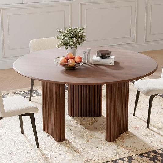 Casaphoria 60" Round Dining Table for 4-6, Farmhouse Style Table with Stripes Base, Easy Assembly for Living Room, Kitchen, Bar, Walnut