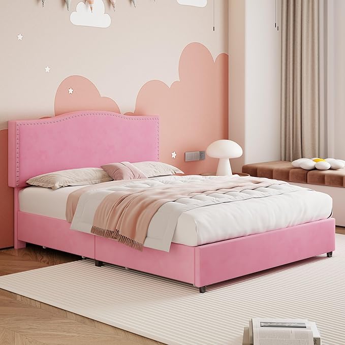 VECELO Full Bed Frame, Platform Bed Frame with Underbed Storage Drawers and Adjustable Height Upholstered Headboard, Heavy-Duty Frame and Strong Wooden Slats Support, Noise-Free, Easy Assembly, Pink