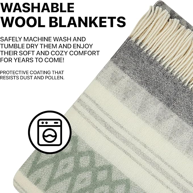 New Zealand Virgin Wool Throw Blanket, Indoor & Outdoor Blankets and Throws, Soft Blanket with Fringes, 55 x 79 in (140 x 200 cm), Green Gray Beige