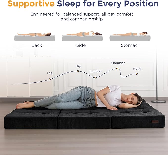 MAXYOYO Tri-Fold Mattress, 6 Inch Tufted Folding Mattress with Chenille Fabric, Portable Full Size Floor Guest Mat for Adults, Foldable Topper for Camping, Black, 53"x75"