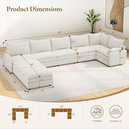 Vesgantti Large Modular Sectional Sofa, Big Comfy Cloud Couch with Ottoman Deep Seat Chenille Cloud Sofa, 8 Seater Large Sectional Couches for Living Room, Bedroom and Apartment, Snow White | Sink-in Comfort, Height Adjustable, Easy Rearrangement, Extr...