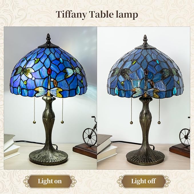 Tiffany Table Lamp, 3 Color-Temperature Dragonfly Stained Glass Lamp,12 Inch Tiffany Style Lamp for Bedroom Living Room Home, Handcrafted Light, Included Bulb (Blue)