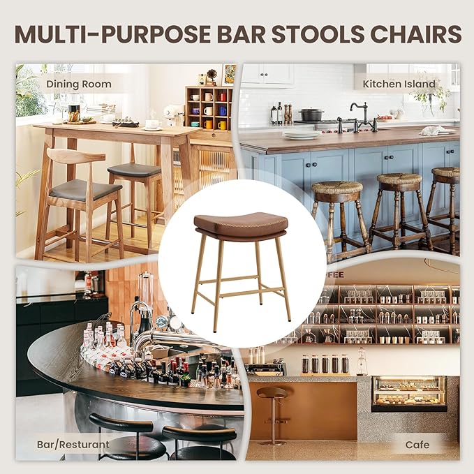 Bar Stools Set of 3, Counter Height Bar Stools with Thick PU Leather Saddle Seat & Sturdy Metal Frame Legs,Backless Bar Stools for Kitchen Island Dining Cafe,Brown