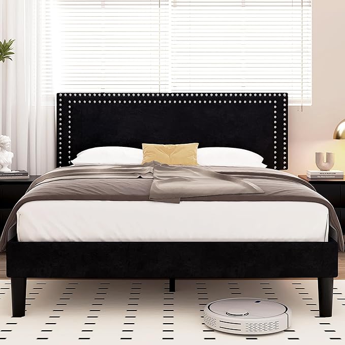 VECELO Queen Size Bed Frame with Adjustable Upholstered Headboard, Wooden Slats Platform, Noise-Free Design, No Box Spring Needed, Easy Assembly