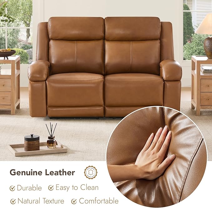 Watson & Whitely Genuine Leather Power Loveseat Recliner Sofa, 2 Seat Wall Hugger Reclining Sofa with Power Headrest & Charging Ports, Dual Recliner Sofas for Living Room, RV, Saddle Brown