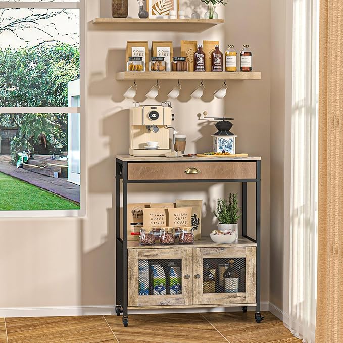 X-cosrack Large Coffee Bar Cabinet，3 Tiers Kitchen Coffee Cart with Drawer for The Home, Movable Farmhouse Station Table on Wheels for Living Room, Entryway, Dining Room, Kitchen