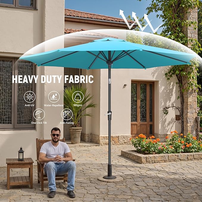 Outdoor Patio Umbrella with One Push Button Tilt and Crank, 8 Sturdy Ribs Market Table Umbrella
