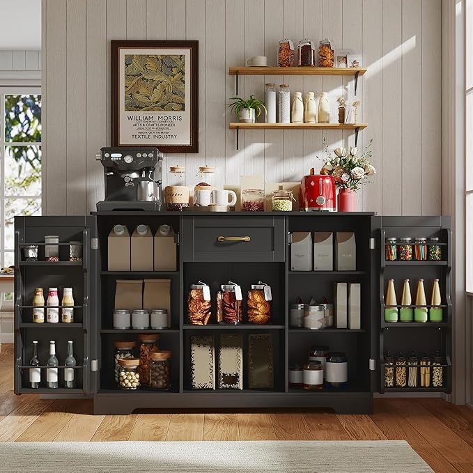Gizoon Coffee Bar Cabinet with Door and Shelves Kitchen Hutch with Countertop, Kitchen Buffer Cabinet with Storage for Bedroom and Living Room, Black