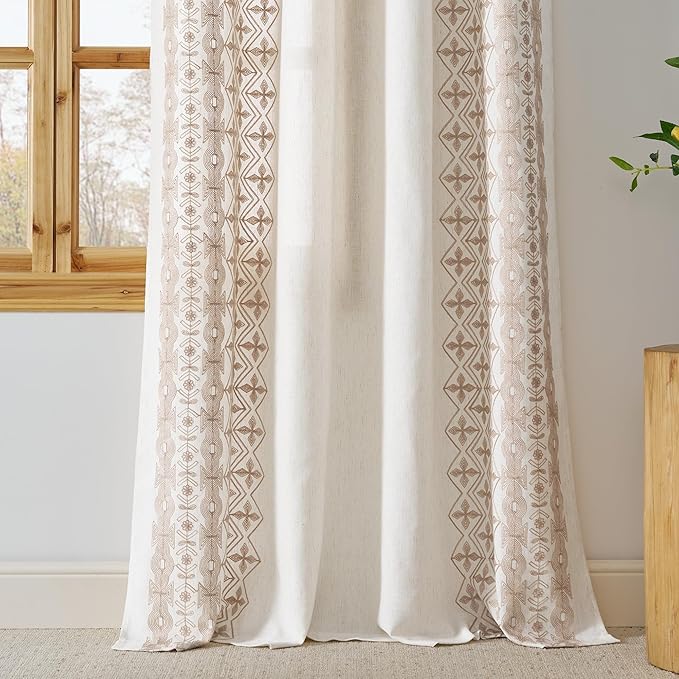 NICETOWN Cream Linen Curtains Floral Pattern Light Sand Embroidery- Elegant Drapes for Living Room, Bronze Grommet Farmhouse Style Luxurious Privacy Protection, W52 x L84, 2 Pcs