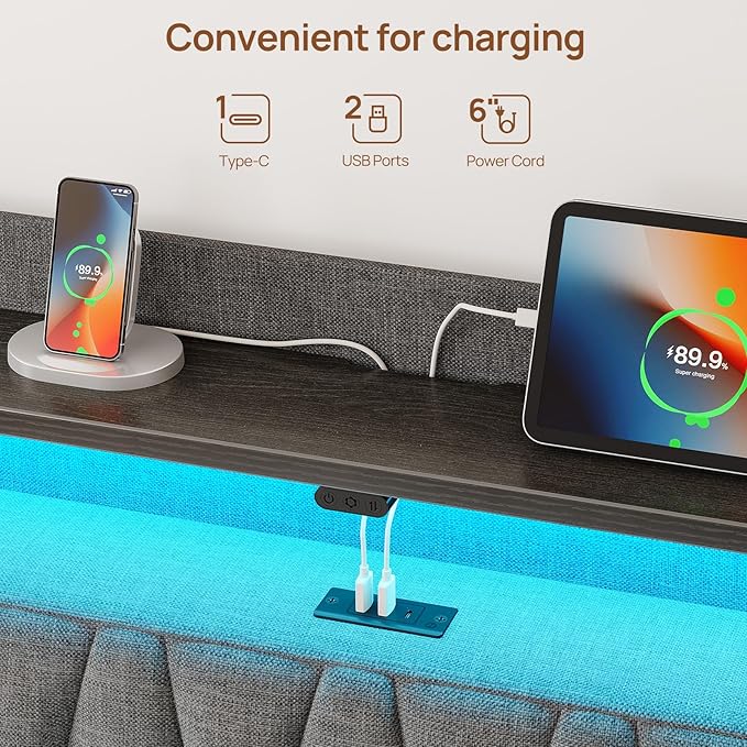 Rolanstar Full Bed Frame with Drawers, Storage Headboard with Charging Station and LED Lights, Upholstered Bed with Heavy Duty Wood Slats, No Box Spring Needed, Noise Free, Easy Assembly, Dark Grey