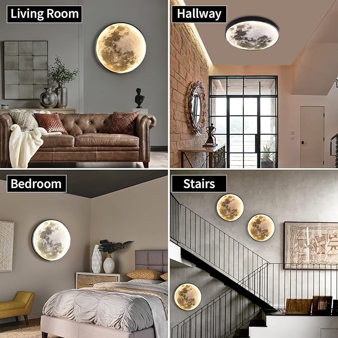 QIYIMEILUX Dimmable Moon Wall Sconce Plug in Modern LED Wall Light with Remote Control 19.7 inch 24W Black Wall Lamp Indoor Wall Mounted Lighting Ceiling Light for Living Room Bedroom（Moon）