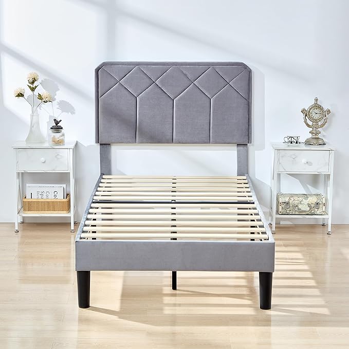 VECELO Twin Size Bed Frame Premium Velvet Upholstered Platform with Height Adjustable Headboard/Mattress Foundation, Solid Wooden Slat Support, No Box Spring Needed/Easy Assembly