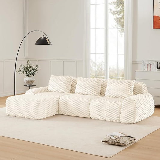 KEIKI 114" Oversized 3-Seater Boneless Couches for Living Room, Compact Modular Sectional Velvet Sofa L-Shaped, Deep Seat Cozy Foam Lounge Couch No Assembly, Modern Comfort Design, Cream