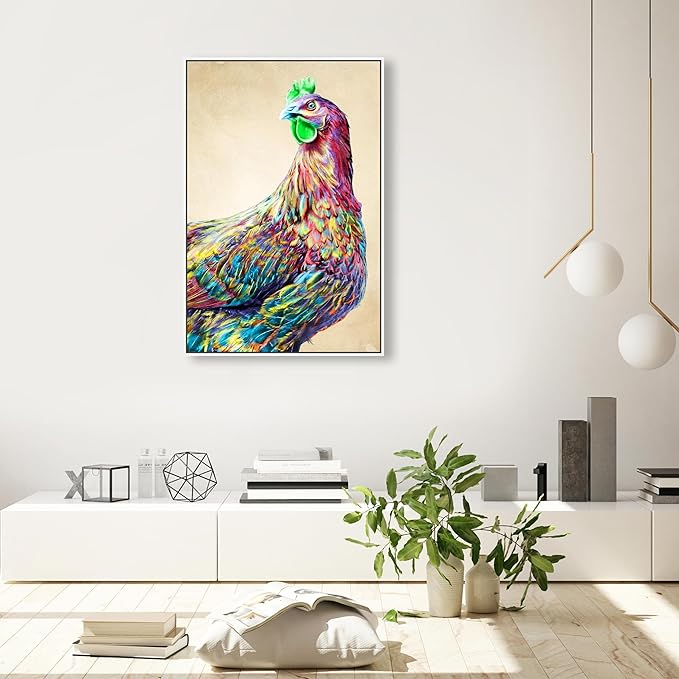 Country Farmhouse Canvas Print Painting Animal Wall Art 'Fun Colorful Glam Rooster' White Framed Canvas Rustic Home Décor 24x36 in Pink, Green by Oliver Gal