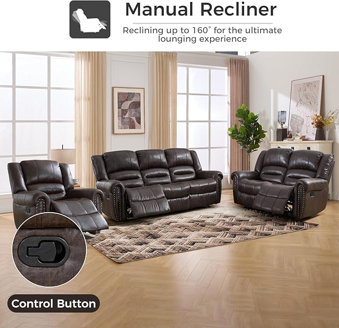 EBELLO Recliner Sofa Furniture Set for Living Room, Faux Leather Recliner Chair, Manual Loveseat, 3 Seat Recliniing Sofa Couch Set Vintage Rivet Mid-Century Design for Living Room, Dark Brown