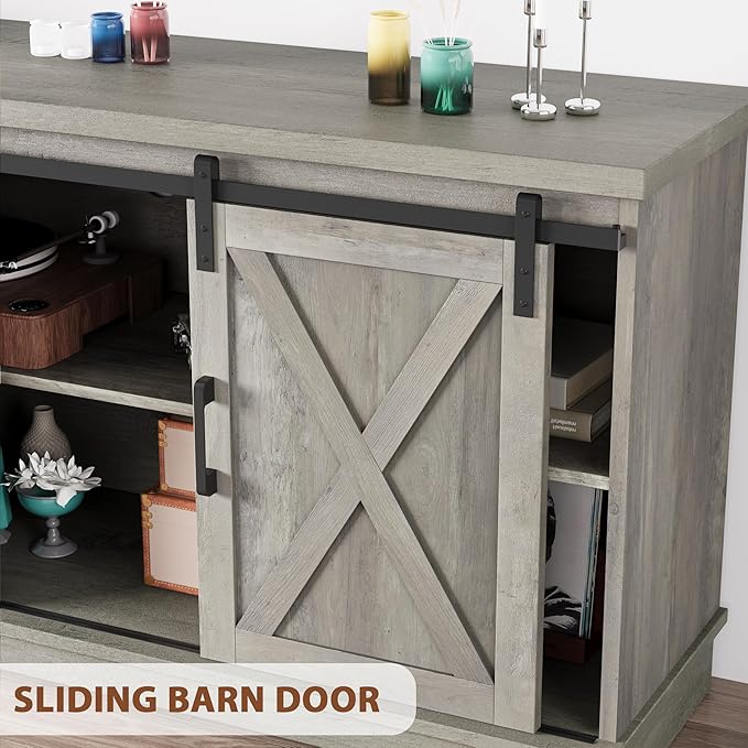 IDEALHOUSE Grey Farmhouse Cabinet, 65 Inch TV Stand with Storage, Barn Doors and Shelves, Modern TV Console Table Furniture for Living Bedroom