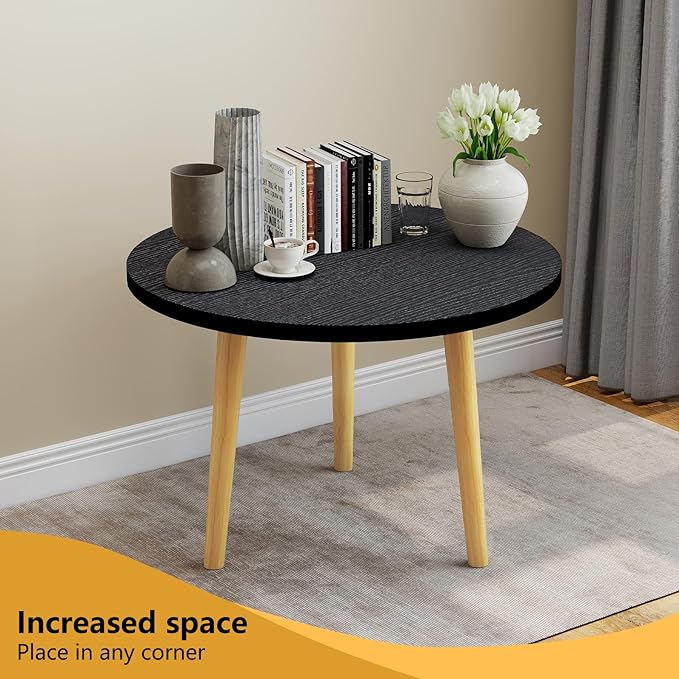 Round Coffee Table Low Table with 3 Solid Wood Sturdy Legs, Floor Table Desk for Sitting on The Floor, Storage and Living Room Furniture (Black)